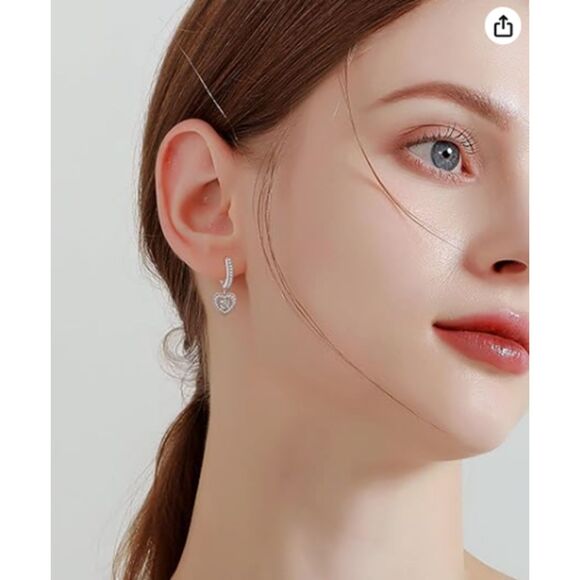 Sterling Silver CZ Heart Dangle Hoop Earrings - Picture 6 of 6